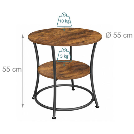 Round Side Table with 2 Shelves and Adjustable Feet, Grey, Rustic Wood-Effect