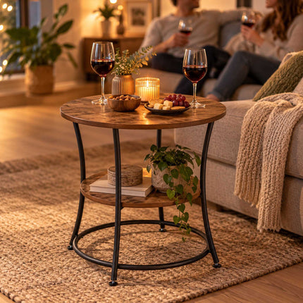 Round Side Table with 2 Shelves and Adjustable Feet, Grey, Rustic Wood-Effect