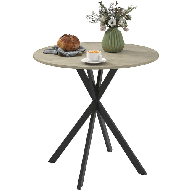 Apvalus virtuvės stalas, 80 cm, kompaktiškas stalviršis, medžio drožlių plokštė, metalas, baltas ąžuolas + juoda spalva