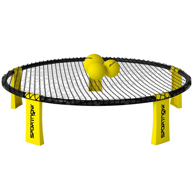 „Roundnet“ rinkinys: žaidimo rinkinys su žaidimo tinklu, 3 kamuoliais, nešimo maišeliu ir kamuolių pompele, Ø 92 x 20 cm, geltonas