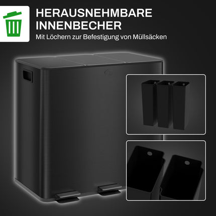 Šiukšliadėžė 3 x 15 litrų talpos, nerūdijančio plieno, su pedalu ir dangčiu bei kojiniu pedalu, svetainėms ir biurams, 61,9 x 36,6 x 43,2 cm