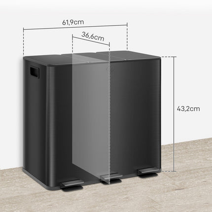 Šiukšliadėžė 3 x 15 litrų talpos, nerūdijančio plieno, su pedalu ir dangčiu bei kojiniu pedalu, svetainėms ir biurams, 61,9 x 36,6 x 43,2 cm