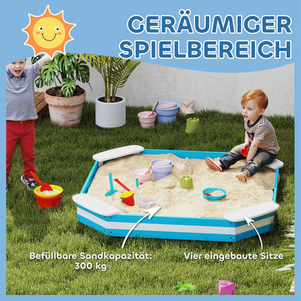 Wooden sandbox with bench & floor cover, 133x108 cm