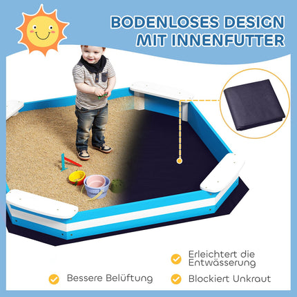 Wooden sandbox with bench & floor cover, 133x108 cm