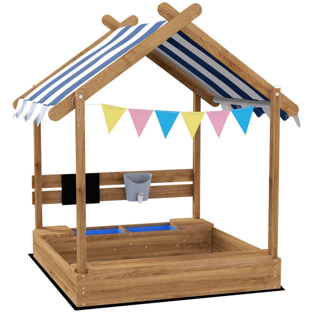 Smėlio dėžė su stogu, medinė smėlio dėžė su sėdyne ir lenta, 3-7 metams, 124x116x146cm, sodo žaidimų namelis, rudas