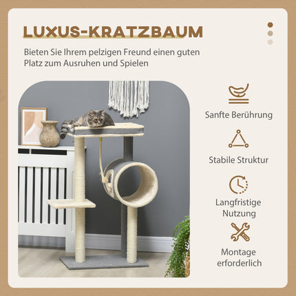 Draskynė 104 cm su žaidimų kamuoliu ir 2 gulėjimo vietomis, katėms iki 5 kg, sizalio, pilka