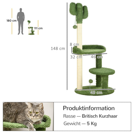 Draskynė 111 cm katėms su 2 pakopomis ir žaidimų kamuoliuku, katėms iki 10 kg, sizalas, žalia
