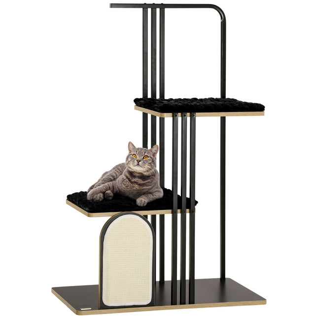 Cat tree with cushion and 2 platforms, black steel, 128cm