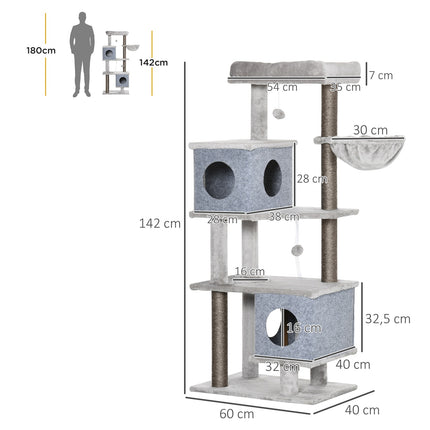 Draskyklė 142 cm, katėms, su urvais ir platformomis, sizalio kolona, žaislas katėms, apsauga nuo apvirtimo, pilka