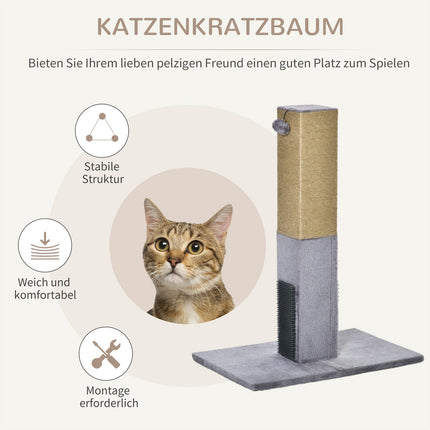 Draskyklė katėms, 79 cm, su džiuto virve ir žaislais, pliušinis, pilkas