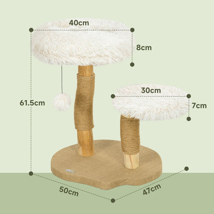 Draskynė 61,5 cm aukščio katės draskynė su žaidimų kamuoliuku, guoliais, katės bokšteliu su katės draskymo lenta, katėms iki 5 kg, kriaušės medienos, balta