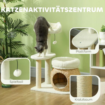 Draskynė 79 cm katėms su ola, guoliu, žaidimų kamuoliukais, draskynė katėms su sizalio draskyklomis, katėms iki 5 kg, kreminės baltos spalvos