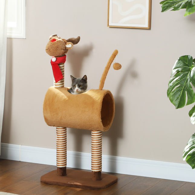 Scratching post 98 cm cat tower in deer design, with cave, play ball, jute trunks brown