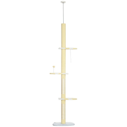 Draskynė, katės draskynė iki lubų aukščio, 220-260 cm, laipiojimo medis su žaidimų kamuoliu, reguliuojamo aukščio katės draskyklė, žaidimų medis su apsauga nuo galiuko, pliušinis, geltonas