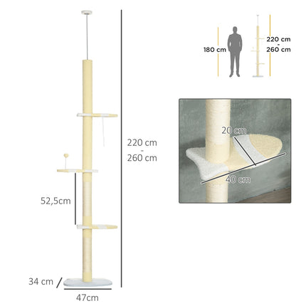 Draskynė, katės draskynė iki lubų aukščio, 220-260 cm, laipiojimo medis su žaidimų kamuoliu, reguliuojamo aukščio katės draskyklė, žaidimų medis su apsauga nuo galiuko, pliušinis, geltonas