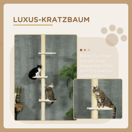 Draskynė, katės draskynė iki lubų aukščio, 220-260 cm, laipiojimo medis su žaidimų kamuoliu, reguliuojamo aukščio katės draskyklė, žaidimų medis su apsauga nuo galiuko, pliušinis, geltonas