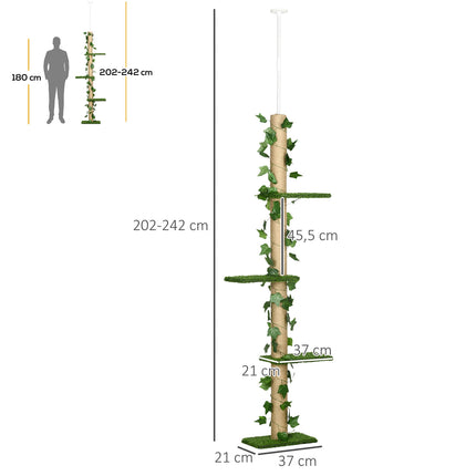 Draskyklė, lubų aukštis 202-242 cm, reguliuojamo aukščio. Laipiojimo medis su apsauga nuo viršūnės, žaidimų medis pagamintas iš džiuto, žalios ir geltonos spalvos.