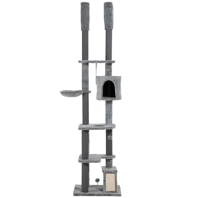 High-ceilinged cat tree with cave, basket and play ball, gray