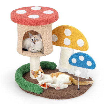Scratching post in mushroom look cat tree with cat cave & sisal scratching board & large base & play ball 60 x 49 x 59 cm