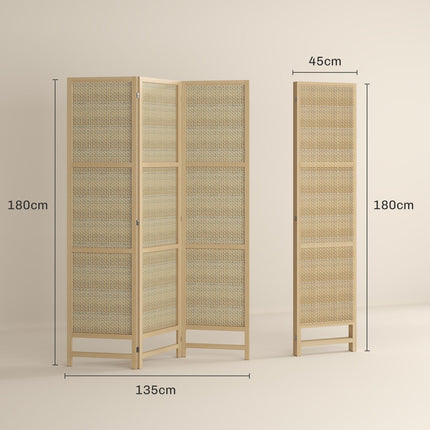 Trijų dalių 135 x 180 cm pertvara, pagaminta iš PP rotango, sulankstoma pertvara, privatumo ekranas svetainei, natūralus