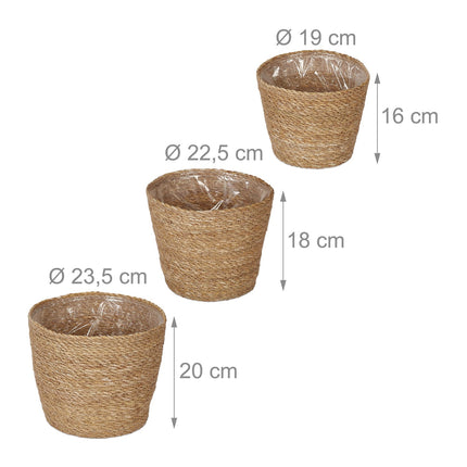 Jūros žolių vazonų rinkinys - 3 pinti gėlių vazonai patalpoms