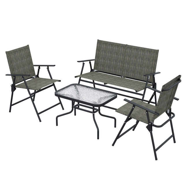 Sėdimų vietų grupė, 4 dalių sodo baldų komplektas, sulankstomas sėdimų vietų komplektas, kurį sudaro 1 stalas, 2 kėdės, 1 dvivietė sofa, balkono baldų komplektas, metalas, ruda