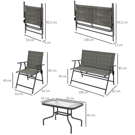 Sėdimų vietų grupė, 4 dalių sodo baldų komplektas, sulankstomas sėdimų vietų komplektas, kurį sudaro 1 stalas, 2 kėdės, 1 dvivietė sofa, balkono baldų komplektas, metalas, ruda