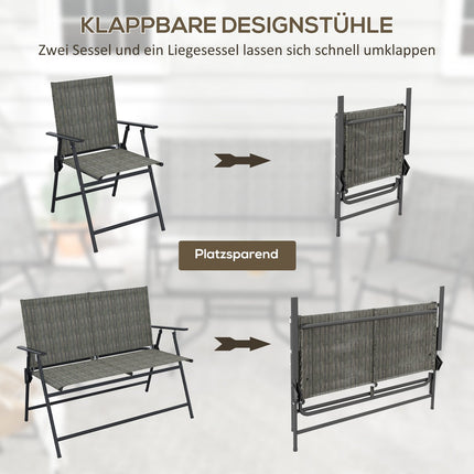 Sėdimų vietų grupė, 4 dalių sodo baldų komplektas, sulankstomas sėdimų vietų komplektas, kurį sudaro 1 stalas, 2 kėdės, 1 dvivietė sofa, balkono baldų komplektas, metalas, ruda
