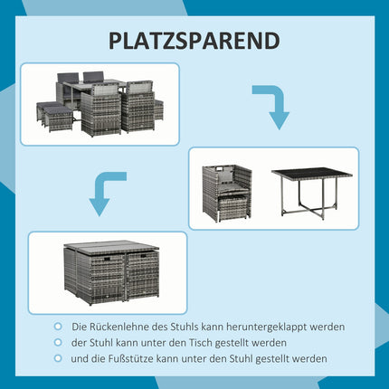 8 asmenų sodo baldų komplektas iš poliratango, su pilka pagalvėle