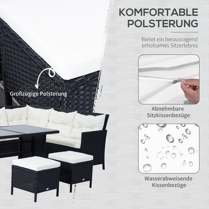 Outdoor sofa set, 7 seats, poly rattan, black/cream/white
