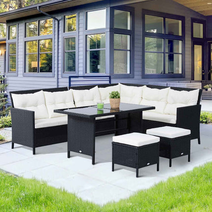 Outdoor sofa set, 7 seats, poly rattan, black/cream/white