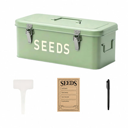 Seed Storage Box with 3 Compartments, 30 Seed Packets, 30 Plant Labels, Sage