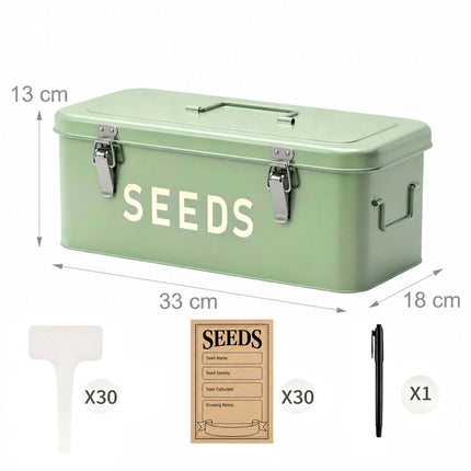 Seed Storage Box with 3 Compartments, 30 Seed Packets, 30 Plant Labels, Sage