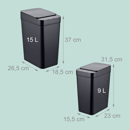 Sensorinių virtuvės šiukšliadėžių rinkinys, 9 l ir 15 l, juodas, automatinis