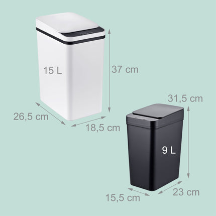 Sensorinių virtuvės šiukšliadėžių rinkinys, 9 l ir 15 l, juodai baltas