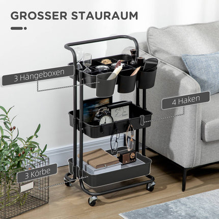 3-level serving trolley in steel with baskets and hooks