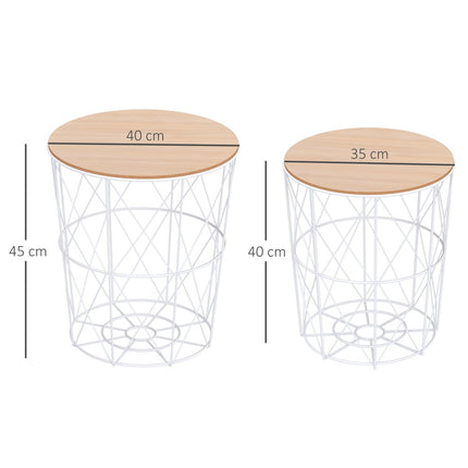 2 natūralios ir baltos spalvos kavos staliukų komplektas, 2 dalių šoninis staliukas, MDF + metalas, svetainei ir miegamajam, Ø40 x A45 cm