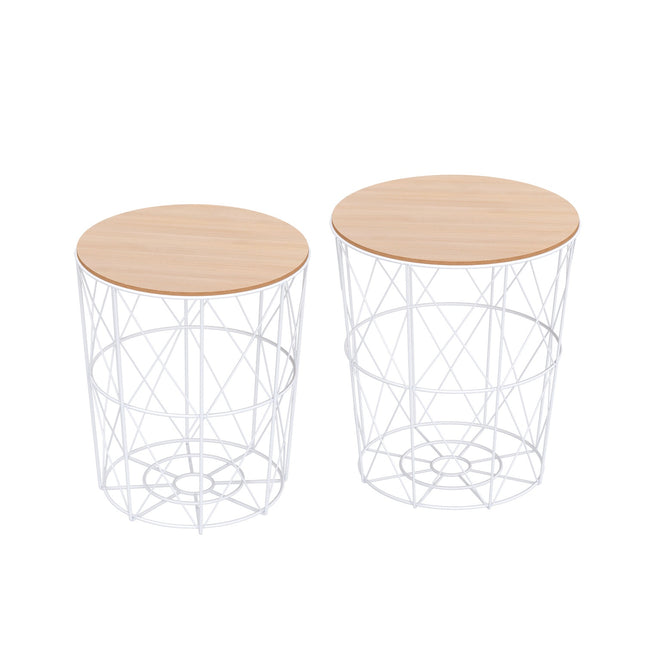 2 natūralios ir baltos spalvos kavos staliukų komplektas, 2 dalių šoninis staliukas, MDF + metalas, svetainei ir miegamajam, Ø40 x A45 cm