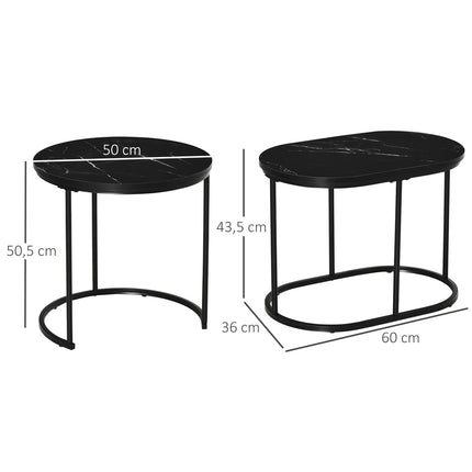 2 kavos staliukų komplektas, apvalus ovalus, kavos staliukas, sudedamas, su dirbtinio marmuro šonais, iki 30 kg, MDF, plienas, juodas, Ø50 x 50,5 cm, aukštis