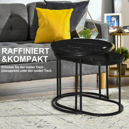 2 kavos staliukų komplektas, apvalus ovalus, kavos staliukas, sudedamas, su dirbtinio marmuro šonais, iki 30 kg, MDF, plienas, juodas, Ø50 x 50,5 cm, aukštis