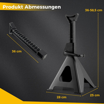 2 vnt. komplektas automobilių domkratų, kurių keliamoji galia yra 6 tonos, o aukštis reguliuojamas nuo 36 iki 58,5 cm.