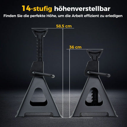 2 vnt. komplektas automobilių domkratų, kurių keliamoji galia yra 6 tonos, o aukštis reguliuojamas nuo 36 iki 58,5 cm.