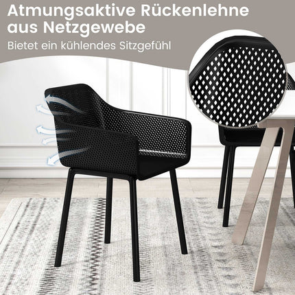 2 juodų plastikinių valgomojo kėdžių su tinklelio atlošu rinkinys