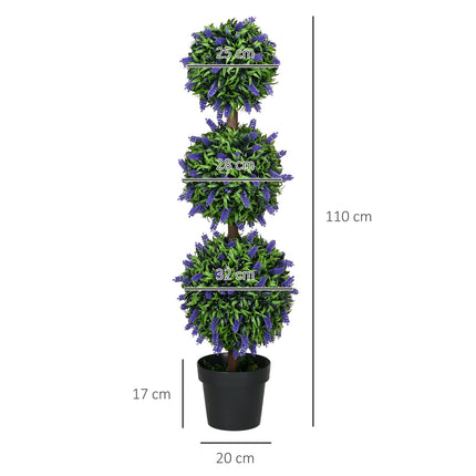 2 dirbtinių levandų medžių, didelių 110 cm dirbtinių augalų rinkinys, plastikiniai dirbtiniai augalai vazone, UV spinduliams atsparios dirbtinės gėlės su 3 kamuoliukais svetainei, miegamajam, biurui, sodui