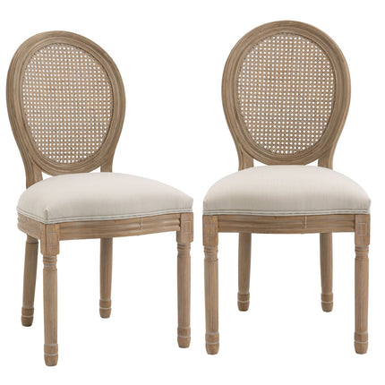 Vintage upholstered dining chairs with rattan backs, set of 2