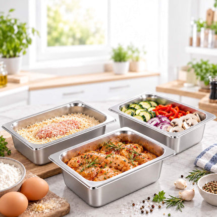 Set of 3 GN 1/4 Gastronorm Trays with Lids, 10 cm Deep, Stainless Steel