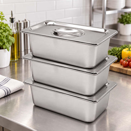 Set of 3 GN 1/4 Gastronorm Trays with Lids, 20 cm Deep, Stainless Steel