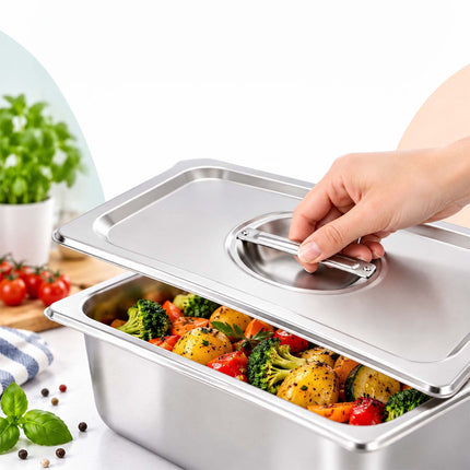 Set of 3 GN 1/4 Gastronorm Trays with Lids, 20 cm Deep, Stainless Steel