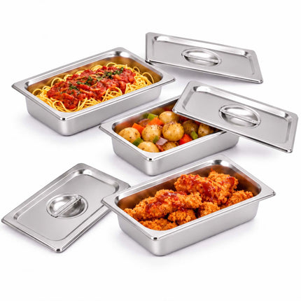 Set of 3 GN 1/4 Gastronorm Trays with Lids, 6.5 cm Deep, Stainless Steel