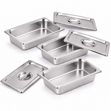 Set of 3 GN 1/4 Gastronorm Trays with Lids, 6.5 cm Deep, Stainless Steel